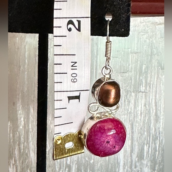 Beautiful Drop Earrings in Dark Pink Solar Quartz and Bronze Color Biwa Pearls! - Picture 3 of 3
